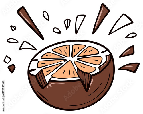 Cartoon chocolate dipped orange slice with splashes and decorative elements
