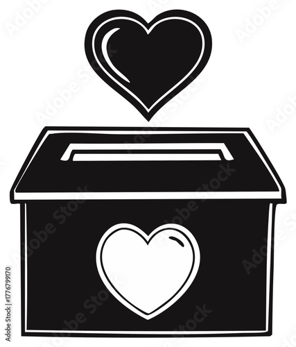 Heart dropping into donation box black and white vector illustration