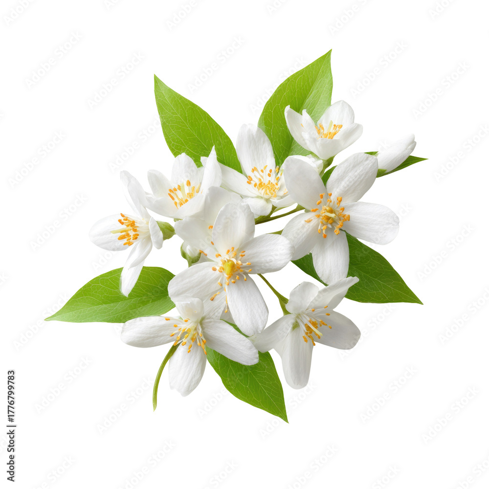 Fototapeta premium A beautiful cluster of fragrant white jasmine flowers with vibrant green leaves, showcasing their delicate petals and yellow centers. background removed