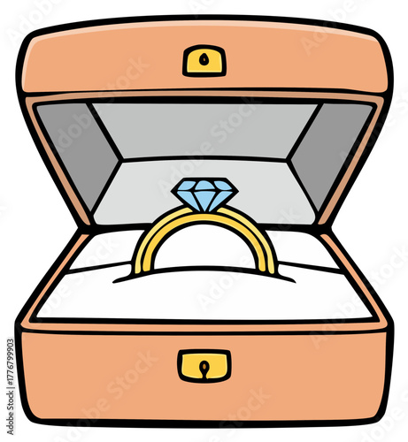 Stylized illustration of a wedding ring in an open box with a cushion, diamond jewel, love symbol, cartoonish