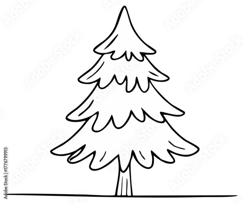 Simple hand drawn outline of a stylized evergreen tree with rounded branches and a striped trunk
