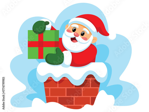 Santa Claus holding a green gift box over a snowy chimney during the Christmas season, conveying holiday cheer.