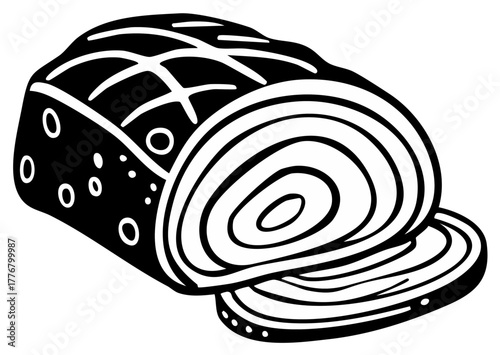 Black and white stylized illustration of a savory baked roll with cut slices revealing a spiral pattern