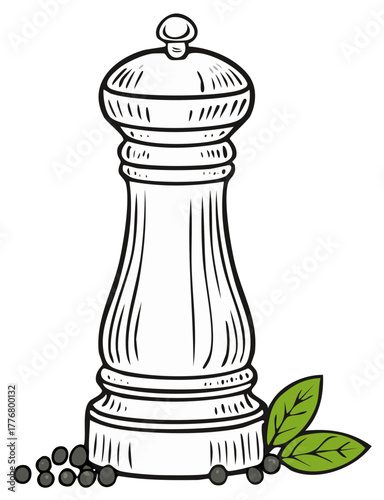 Vintage style illustration of a pepper mill with peppercorns and bay leaves