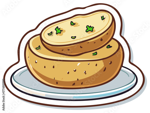 Delicious cooked potato halves stacked on a plate garnished with fresh green herbs savory food illustration