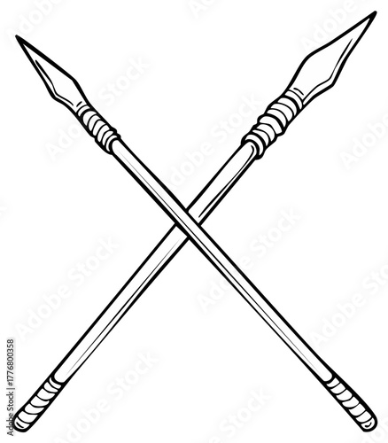 A hand drawn black and white illustration of two crossed ancient spears a tribal hunting weapon