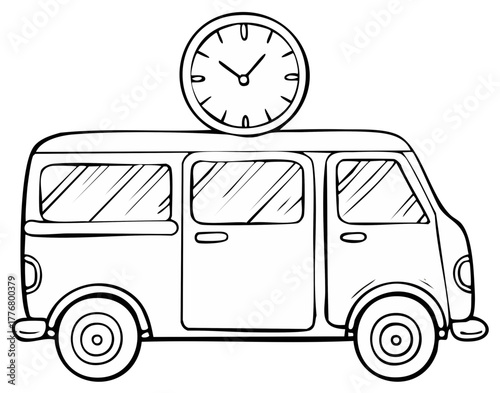 Cartoon van with clock on top black and white illustration