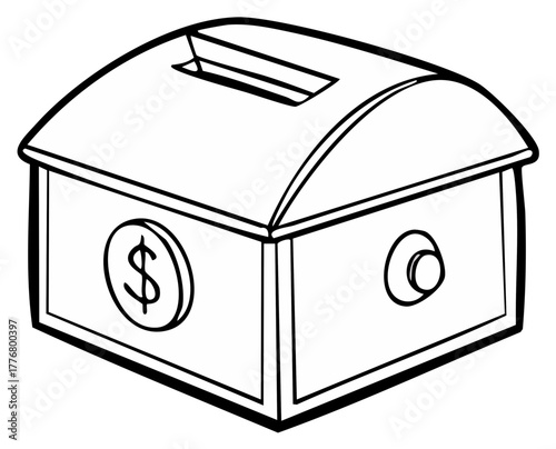 A simple black and white line art illustration of a donation money box with a dollar sign