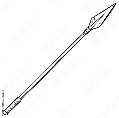 Line art illustration of a primitive hunting weapon spear with a sharp head and a wrapped grip