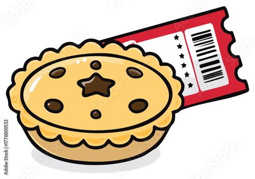 Whimsical tart with star design and red admission ticket, cartoon style, perfect for holiday celebrations.