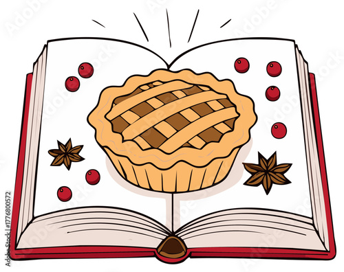 Cartoon Cookbook Illustration with Pie, Cranberries, and Star Anise in Open Recipe Book