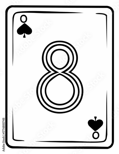 Eight of Spades playing card outline illustration in black and white with number eight visible, hand drawn with simple shapes