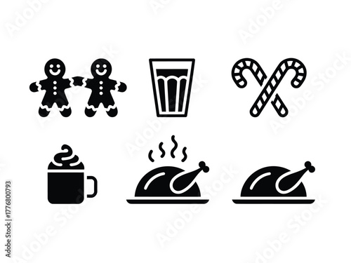 A collection of festive holiday icons depicting gingerbread men, a glass of milk, candy canes, hot chocolate, and roasted turkeys.