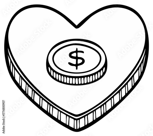 Hand-drawn outline heart with dollar coin symbol inside representing financial value and monetary affection