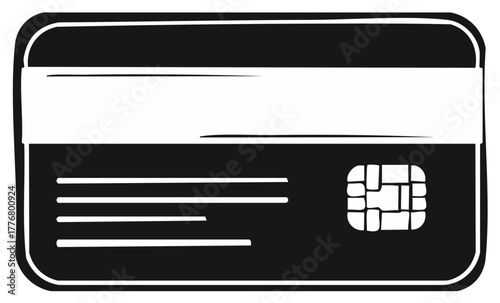 Minimalist black and white financial transaction card with chip and magnetic stripe illustration