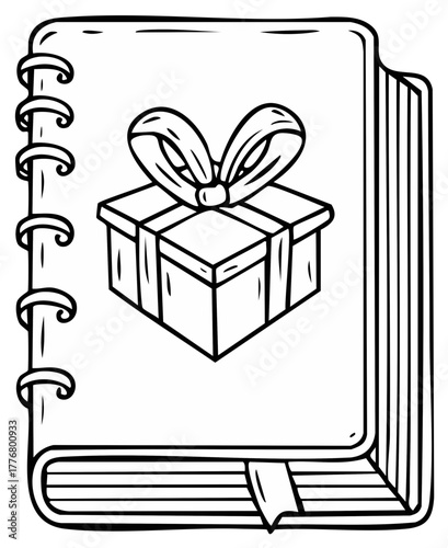 Hand drawn notepad with gift box outline, stationery sketch for festive planning or wishlist