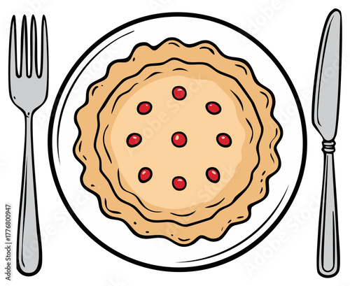 Cartoon style baked pie with red berry decoration on white plate with fork and knife illustration