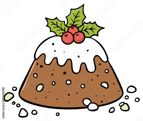Festive Christmas Pudding Illustration. Holiday dessert with holly berries and leaves. Traditional Christmas food.