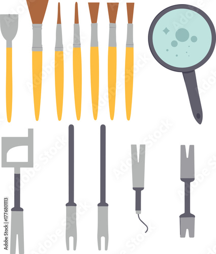Art and forensic tool vector set, paintbrushes, magnifier, pronged instruments, sculpting and inspection tools, front view, flat illustration