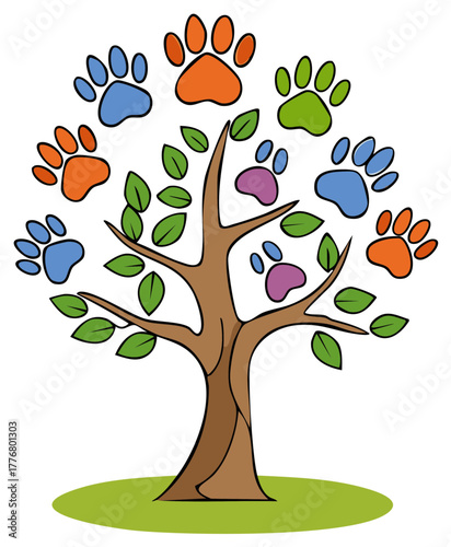 Colorful paw print tree with leaves cute cartoon animal drawing
