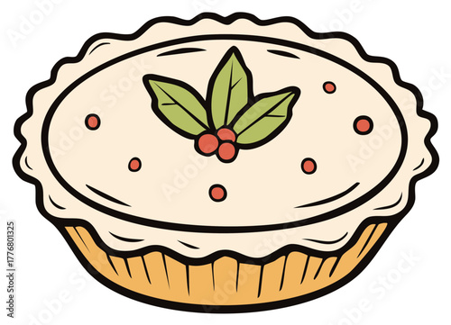 Cartoon illustration of a festive Christmas mince pie with holly berry topping