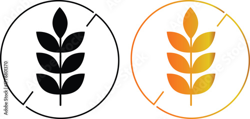 Two circular icons featuring stylized wheat stalks, one in black and one in orange gradient, representing grain or gluten-free concepts.