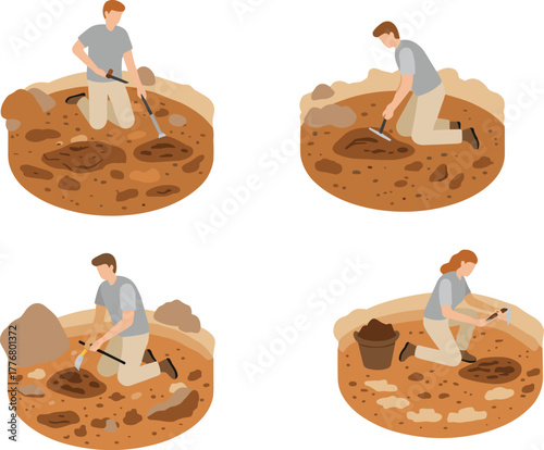 Archaeological excavation character vector set, four people digging with tools, uncovering artifacts, soil and rock details, flat illustration