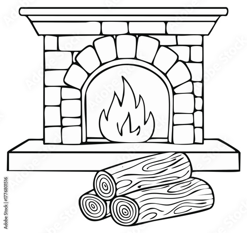 Cozy stone fireplace with a burning fire and wood logs line art illustration