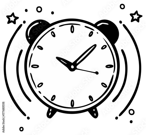 Hand drawn ringing alarm clock doodle illustration Black and white sketch of a classic morning wake up timer