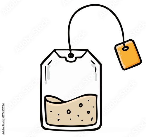 Hand drawn illustration of a tea bag with string and tag hot beverage concept