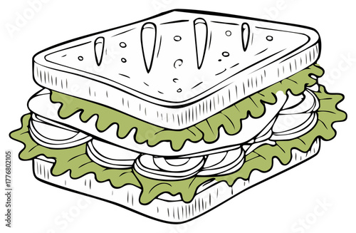 Illustration of a Sandwich with Lettuce and Tomato Slices on Bread Toasts