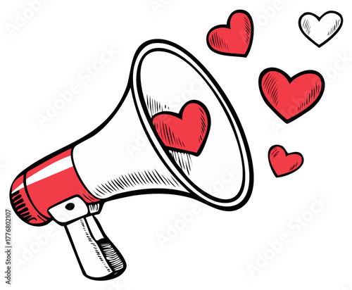 Red and White Megaphone Sending Hearts in Doodle Vector Illustration