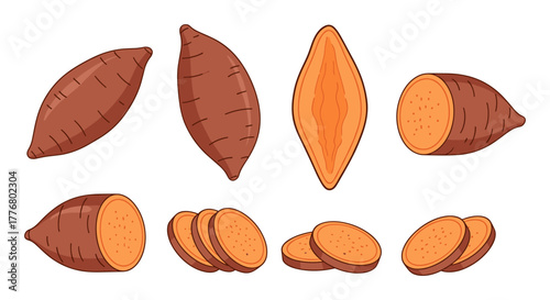 Colorful sweet potato set featuring whole and sliced pieces with detailed textures