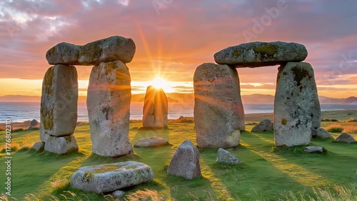 magnificent dusk scene illuminating an ancient arrangement of standing stones located on a Scottish