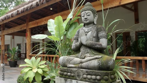 A classical carved stone statue depicting the enlightened spiritual teacher situated in an exterior garden setting reflecting oriental architectural