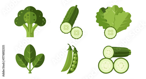 Fresh green vegetables set with broccoli, cucumber, peas, and spinach in flat style