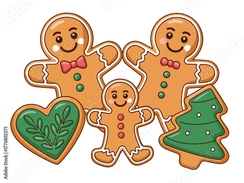 A sweet gingerbread family, including two parents and a child, along with heart and tree-shaped cookies, celebrates the holiday season with festive decorations.
