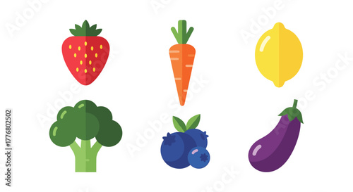 Colorful flat design fruits and vegetables icons for healthy lifestyle
