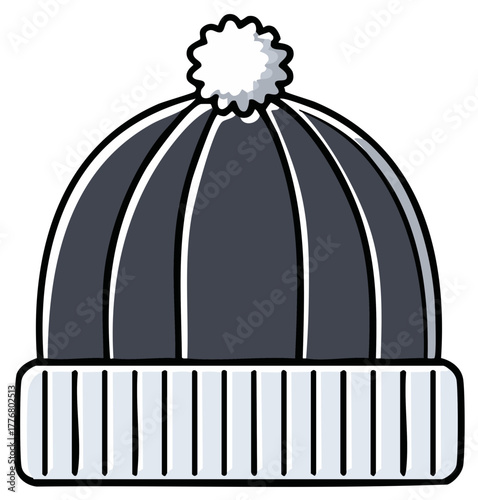 Charming cartoon illustration of a cozy dark grey winter hat with a fluffy white pompom