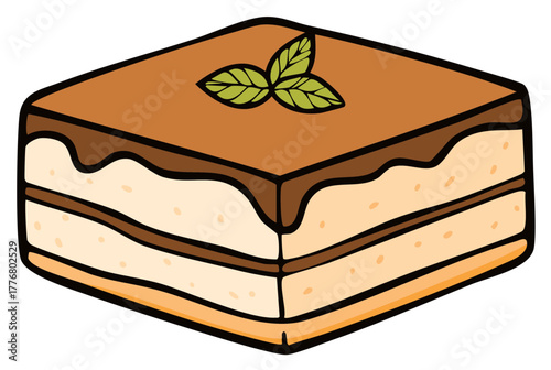 Delicious Tiramisu Cake Square Illustration Dessert with Mint Leaves Topping