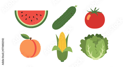 Fresh summer produce collection featuring watermelon, cucumber, tomato, peach, corn, and lettuce