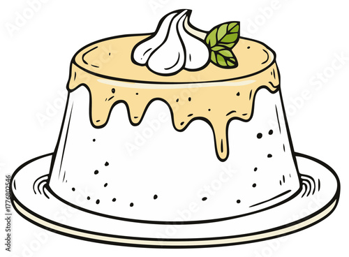 Hand-drawn Vanilla Flan Dessert on a Plate Topped with Cream and Mint for a Delicious Treat, Sweet and Culinary