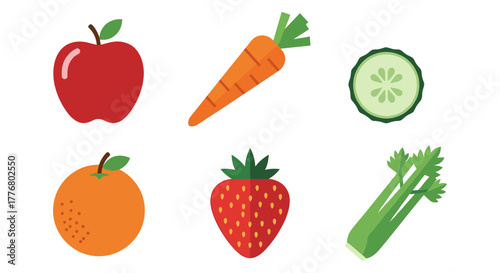 Fresh fruits and vegetables in a simple flat design set