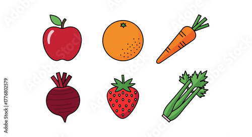 Colorful cartoon fruits and vegetables collection for healthy eating designs