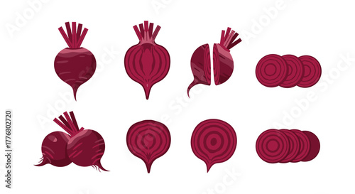 Flat style beetroot icons with sliced and whole vegetable designs