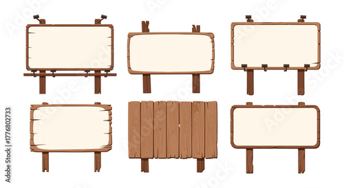 Collection of rustic wooden signs on white background