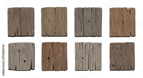 Wooden plank set in rustic design with various textures in flat style