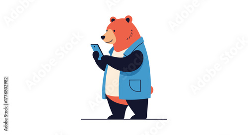 Cartoon bear in denim vest using smartphone on white background