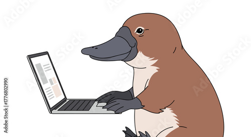 Platypus typing on laptop with humorous expression