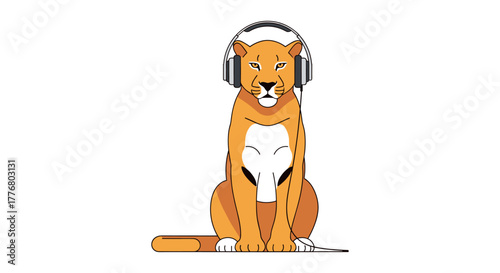 Stylized sitting panther with headphones on white background